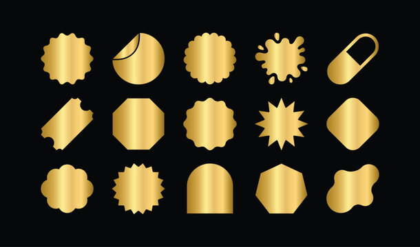 A collection of fifteen different golden blank sticker shapes isolated on a black background for luxury product labeling and promotional marketing design elements