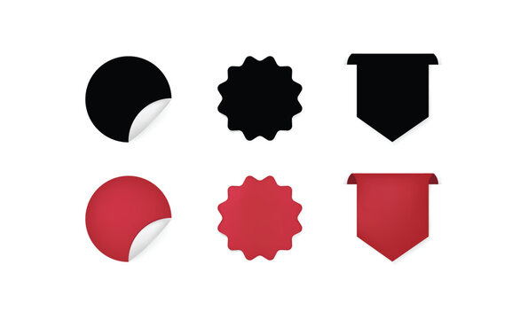 A collection of black and red sticker labels featuring circular starburst and shield shapes isolated on a clean white background for graphic design
