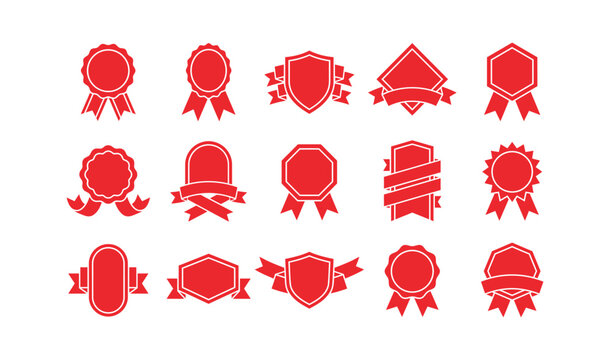 A collection of fifteen red vintage style ribbon badges and decorative labels isolated on a white background for various design project needs
