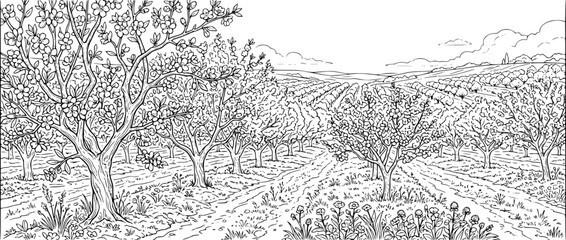 Fototapeta premium Blooming Fruit Orchard Landscape Line Art Illustration for Coloring