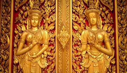 Fototapeta premium Golden statues of two female figures with intricate ornate decorations