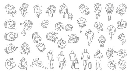Obraz premium Top View Airport Terminal Lounge People CAD Line Art Vector Collection