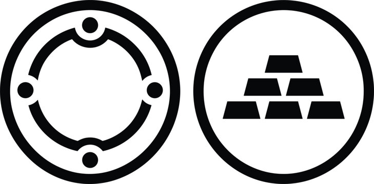 Financial commodity gold reserve icons displaying circular vault dial wheel locking handle and stacked precious metal bullion ingots symbols