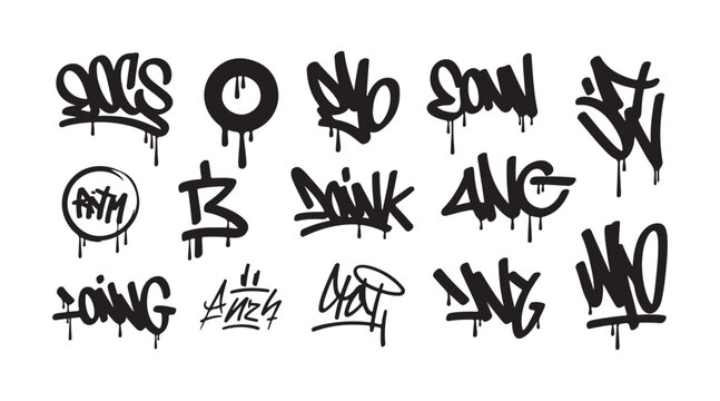 Graffiti font styles and tags in bubble lettering and drip art urban street art design elements.
