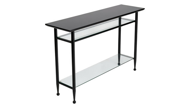 Sleek black console table with two glass tiers furniture minimalist interior shelving contemporary surfaces furnishings entryway decorating