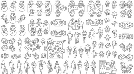 Obraz premium Top View Restaurant Food Court Hotel Lobby People CAD Line Art Vector Set