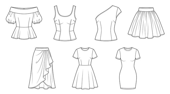 Professional fashion design sheet with various garment templates including a peplum off-shoulder top, tank top, one-shoulder blouse, pleated and drape skirts, A-line and bodycon dresses.