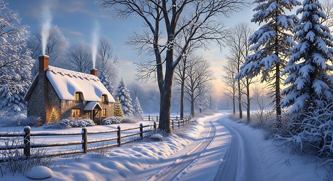 Cozy snow-covered house in a winter forest landscape with wooden fence