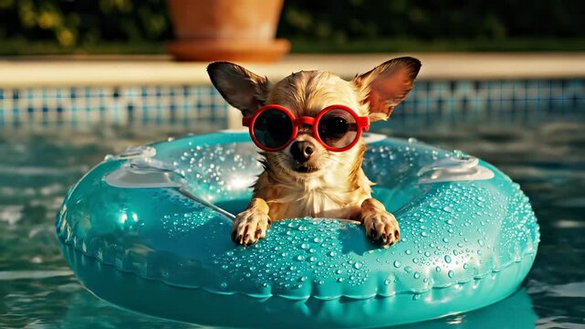 Chihuahua dog floats in swimming pool wearing red sunglasses. Funny dog relaxes on blue inflatable ring. Small pet enjoys summer pool vacation. Dog with sunglasses cools off. Summer holiday fun.