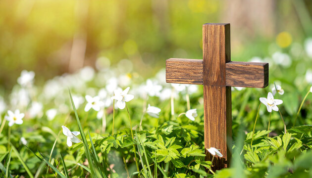 Rustic wooden Christian cross surrounded by delicate white flowers in natural setting, soft greenery, peaceful Easter atmosphere, gentle natural sunlight, serene faith and spiritual symbolism.