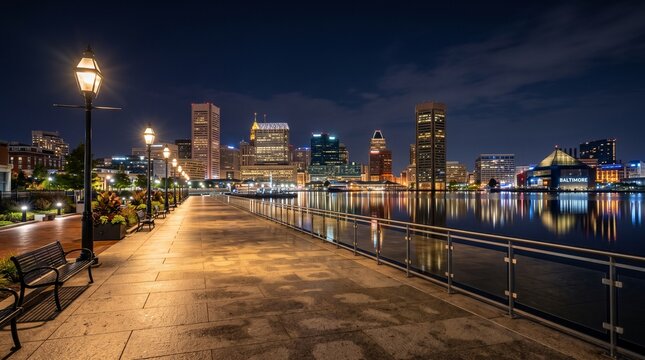 Baltimore inner harbor skyline at night from waterfront promenade