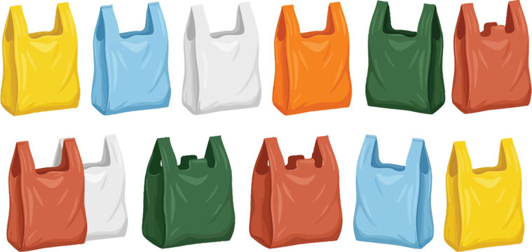 Colorful plastic bags, grocery shopping shoppers, and polybag set vector illustration