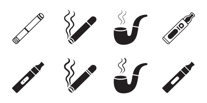 Set of black icon electronic cigarette vape, cigar and tobacco pipe with smoke isolated on background.