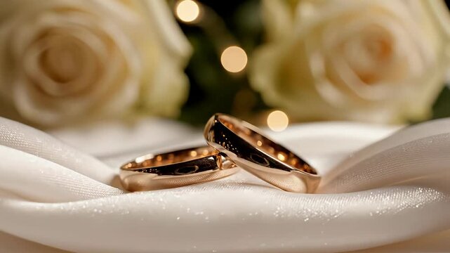 Two gold wedding rings resting on white satin fabric with blurred white roses and bokeh lights in background. Concept of marriage, jewelry store, wedding planning.