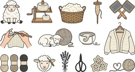 Cozy Knitting and Wool Craft Collection with Sheep, Yarn Swift, Spindle, Cardigan, Crochet, Fiber Preparation, and Handmade Textile Accessories © MstSuborna