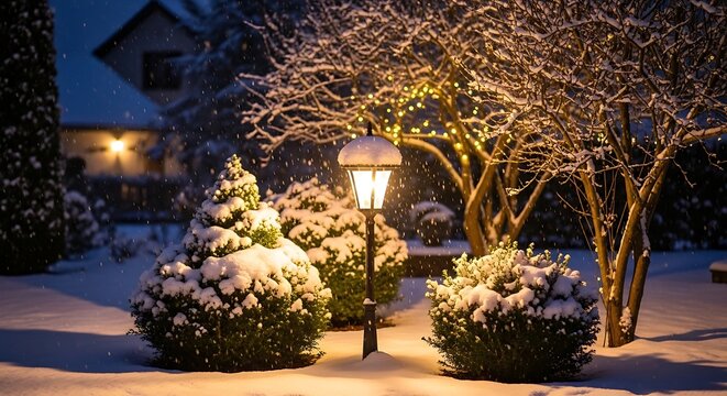 Snow-covered garden with illuminated vintage street lamp at dusk