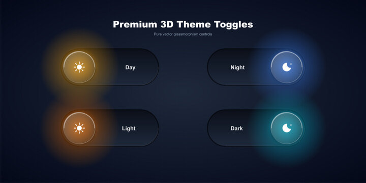 Premium 3d theme toggles ui design with glassmorphism effect