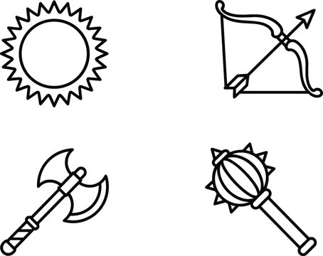 Traditional Hindu Religious Mythology Line Icon Set Featuring Radiant Sun Bow and Arrow Battle Axe and Gada Gada Mace Weapon Symbols
