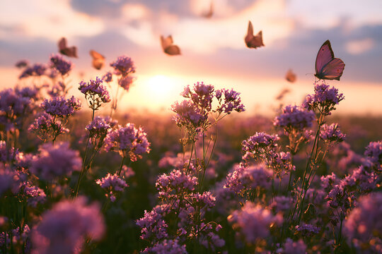 A lively cluster of purple blooms beneath a sunny twilight sky, as butterflies flutter about the blossoms.