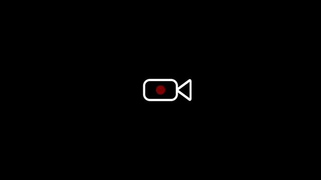 Red video camera icon with record dot symbol isolated on black background..