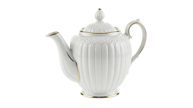 Fine white ceramic teapot with decorative fluted texture porcelain tableware kitchenware beverage homeware breakfast hospitality traditional isolated container