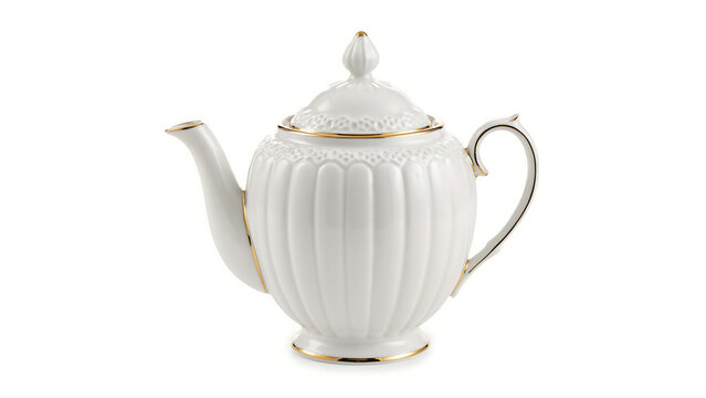Decorative white teapot with gold accents porcelain tableware kitchenware beverage homeware breakfast hospitality traditional isolated