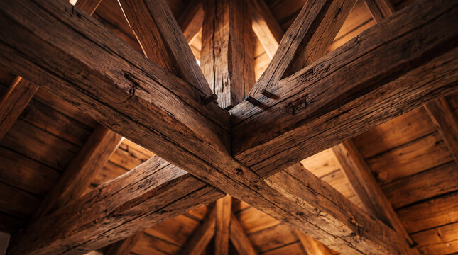 Low angle view of heavy rustic wooden beams forming a structural roof framework in an old building