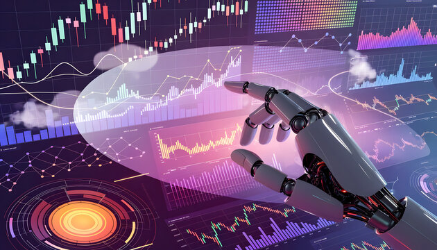Advanced Robot Hand Analyzing Complex Financial Market Data Charts transparent background