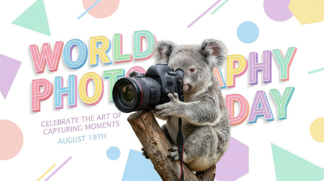 Cute koala bear holding a professional camera for a creative and fun celebration of world photography day with colorful festive background elements