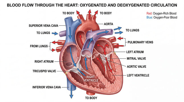 Detailed anatomical rendering of human cardiac vascular system illustrating the precise pathway of oxygenated red and deoxygenated blue blood flow through chambers valves and major vessels vital for m