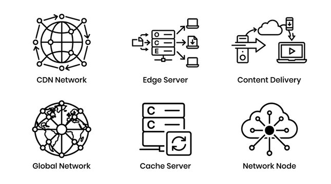 Global CDN and Edge Server Network Line Icon Set