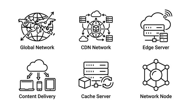 CDN and Global Network Infrastructure Line Icon Set