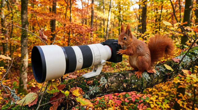 A cute red squirrel holding a professional camera with a telephoto lens in an autumn forest for world photography day celebration