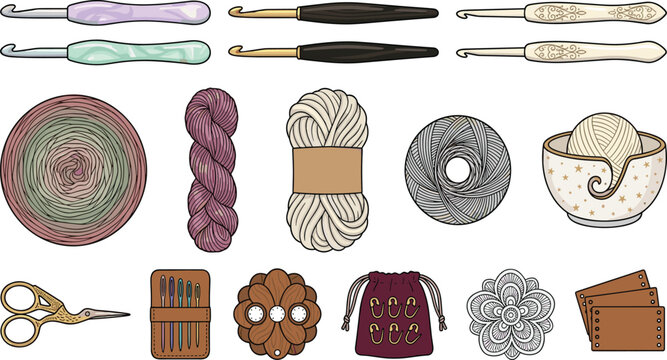 Crochet and Knitting Tools Collection with Yarn Skeins, Crochet Hooks, Scissors, Stitch Markers, Measuring Tape, Bowl, and Handmade Craft Supplies