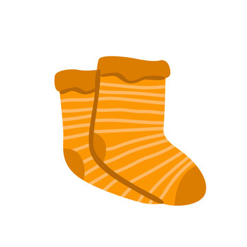 Flat vector illustration of cozy autumn knitted striped socks in warm orange seasonal colors, perfect for apparel, textile, fabric, print and fall design.