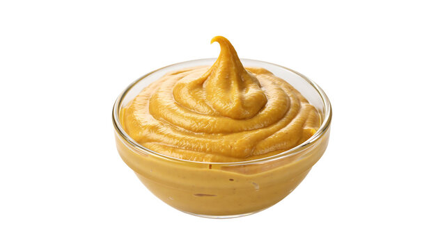 Smooth yellow mustard served in glass bowl with condiment ingredient culinary prepared isolated