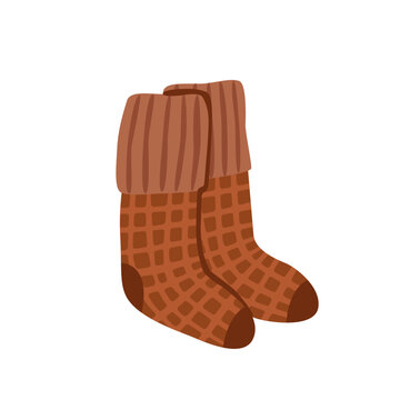 Flat vector illustration of cozy autumn knitted checkered socks in warm brown seasonal colors, perfect for apparel, textile, fabric, print and fall design.
