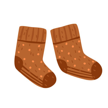 Flat vector illustration of cozy knitted brown dotted socks in warm autumn colors. Cute seasonal apparel isolated on white, perfect for textile, fabric, print, clothing and fall design.