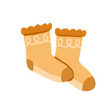 Flat vector illustration of cozy beige knitted socks with decorative lace trim, isolated on white. Cute autumn and winter apparel for textile, fabric, print, clothing, seasonal and cozy design.