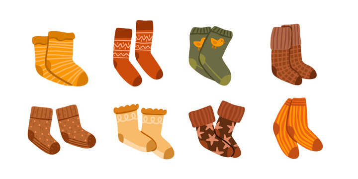 Flat vector illustration of a collection of cozy knitted socks with striped, dotted, checked and bird patterns.
