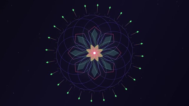 Abstract mandala flower glowing animation with sacred geometry patterns rotating