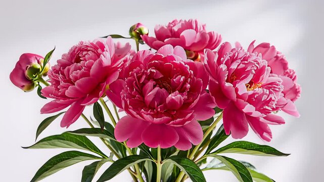 Bouquet of vibrant pink peonies with green leaves against a plain white background. Static shot of fresh flowers. Concept of florist, wedding decoration, romantic gift.