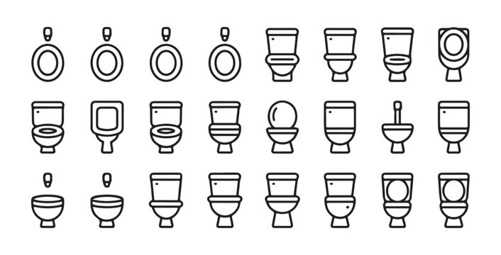 Various bathroom fixtures and toilet types thin line icons collection including bidet and urinal symbols for interior design vector graphics.