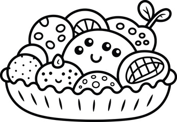 Fototapeta premium A cute black and white coloring page featuring a bowl full of happy cartoon fruits for kids to color