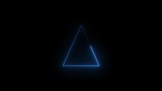 Bright blue neon light forms a glowing triangle. Glowing neon line triangle icon animation on black background
