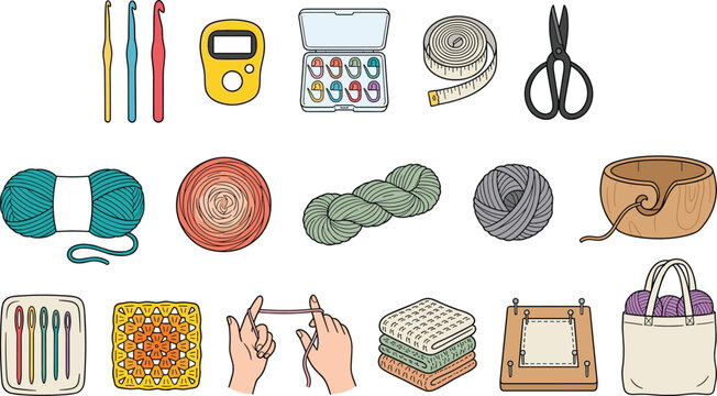 Crochet and Knitting Tools Collection with Yarn Skeins, Crochet Hooks, Stitch Markers, Row Counter, Scissors, Measuring Tape, and DIY Craft Accessories