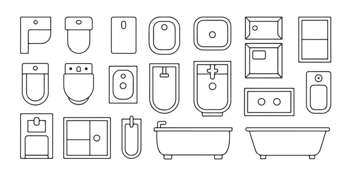 Top view set of bathroom fixtures and sanitary ware including bathtubs bidets and toilets for floor plan design and architectural interior layouts.