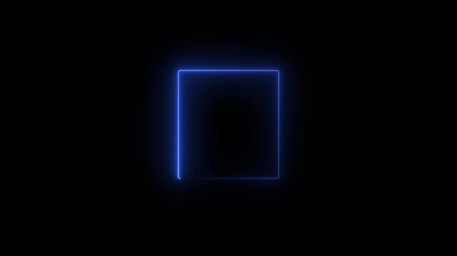 Glowing cyan neon rectangular border frame isolated on black background. Blue neon rectangle box frame with quotation marks animation
