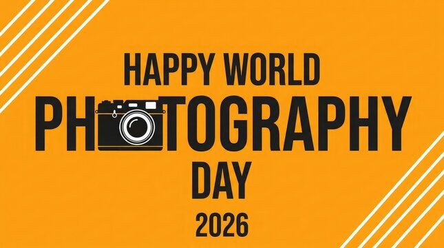 A vibrant yellow graphic design celebrating world photography day 2026 featuring bold typography and a camera icon for social media posts