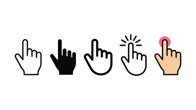 Five different colored hand cursor pointer icon in various styles and colors side by side on a white background
